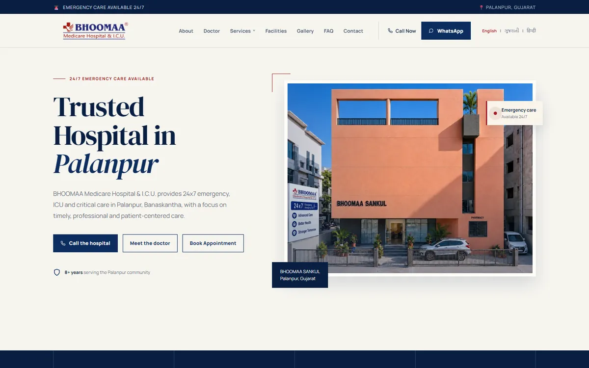 The Bhoomaa Hospital home page at desktop width