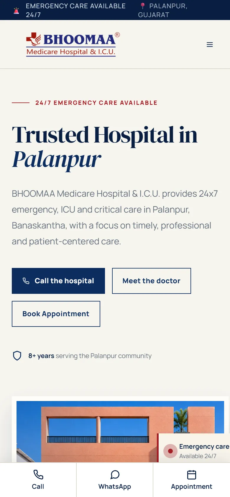 The Bhoomaa Hospital home page on a phone